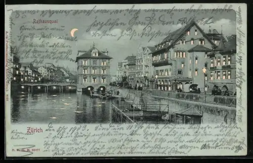 Mondschein-AK Zürich, Rathausquai mit leuchtenden Fenstern, Halt gegen das Licht
