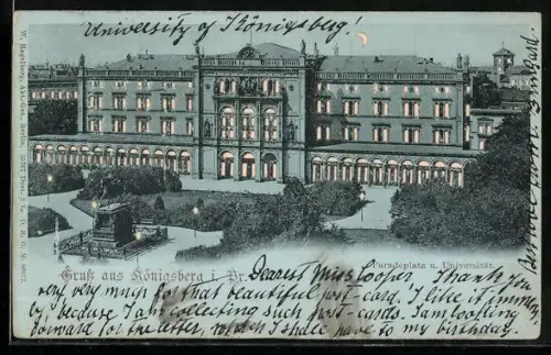 Mondschein-AK Königsberg i. Pr., Paradeplatz und Universität, Halt gegen das Licht