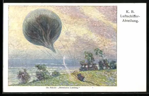 Künstler-AK sign. Ch. Palmié: Heissluftballon bei einer stürmischen Landung, K. B. Luftschiffer-Abteilung