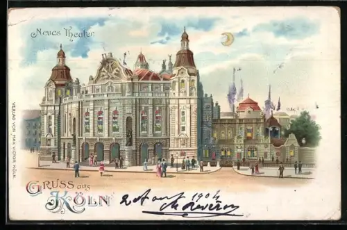 Lithographie Köln-Neustadt, Neues Theater, beleuchtete Fenster bei Halt gegen das Licht