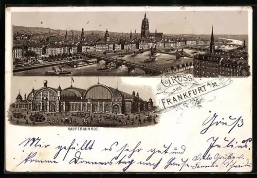 Vorläufer-Lithographie Frankfurt a. M., 1892, Stadtpanorama und Hauptbahnhof