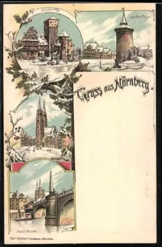 Winter-Lithographie Nürnberg, Königstrasse, Laufer Tor, Henkersteg, Karls-Brücke