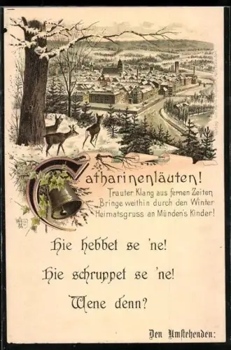 Winter-Lithographie Hann. Münden, Ortsansicht im Winter mit Gedicht, Catharinenläuten