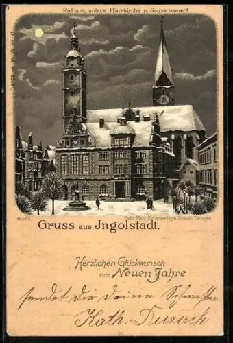Winter-Lithographie Ingolstadt, Rathaus, untere Pfarrkirche und Gouvernement