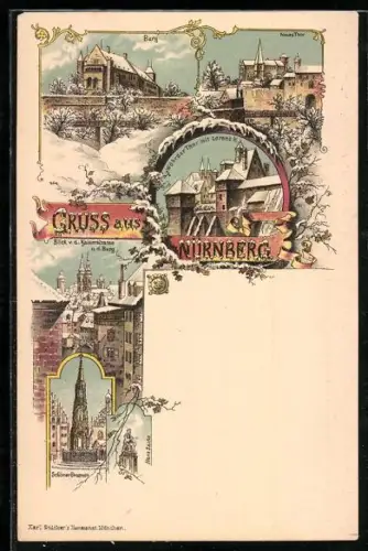 Winter-Lithographie Nürnberg, Schöner Brunnen, Neues Thor, Burg