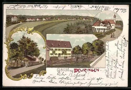 Lithographie Deuringen, Kirche, Strassenpartie, Ortspartie