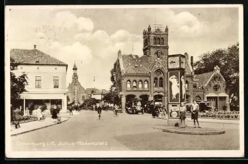 AK Oldenburg i. O., Strasse am Julius-Mosen-Platz mit Feuerwehr und Kirche