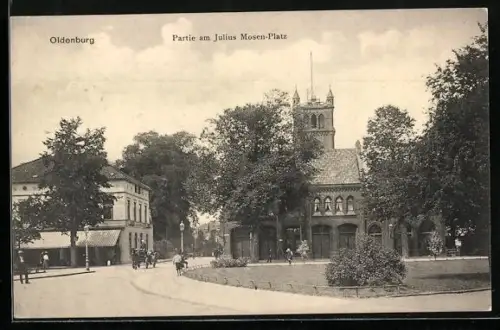 AK Oldenburg, Strasse am Julius Mosen-Platz mit Feuerwehr