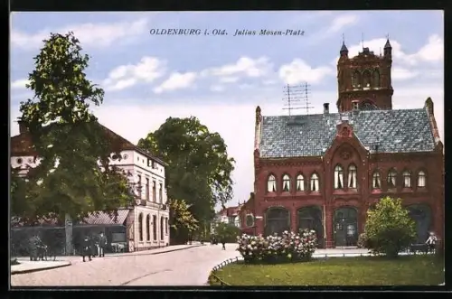 AK Oldenburg i. Old., Strasse am Julius Mosen-Platz mit Feuerwehr