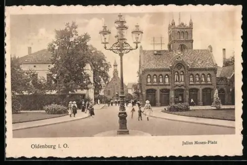 AK Oldenburg i. O., Julius Mosen-Platz mit Feuerwehr und Kirche