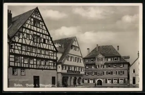 AK Aalen, Strassenpartie b. Bürgerspital mit Kaufhaus Karl Wanner