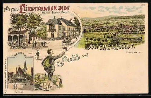 Lithographie Michelstadt, Hotel Fürstenauer Hof v. G. Müller, Rathaus, Gesamtansicht, Wanderer schwenkt den Hut