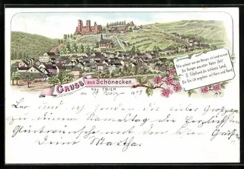 Lithographie Schönecken /Trier, Ortsansicht mit Kirche