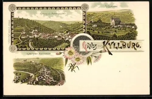 Lithographie Kyllburg, Stiftskirche, Ortsansichten v. d. Malbergerhöhe und vom Marienthurm