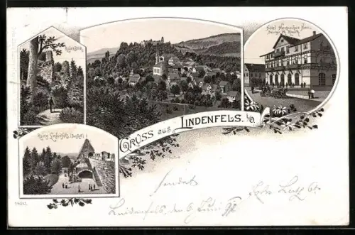 Lithographie Lindenfels i. O., Hotel Hessisches Haus, Ruine Lindenfels, Ortsansicht