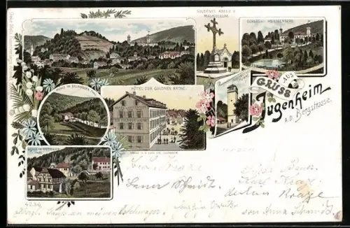 Lithographie Jugenheim a. d. Bergstrasse, Hôtel Zur goldnen Krone, Mühle im Balkhäuser Tal, Mühle im Stettbacher Tal