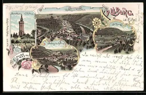 Lithographie Kyllburg i. d. Eifel, Malberg, Marienturm, St. Thomas