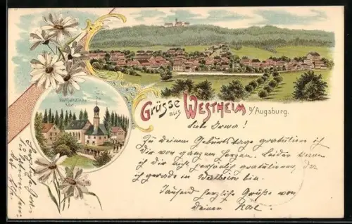 Lithographie Westheim b. Augsburg, Ortsansicht, Wallfahrtskirche Kobel