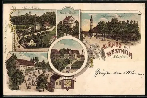 Lithographie Westheim / Schwab., Blick auf Gasthaus Tyrolerhaus, Villen-Kolonie und Schloss