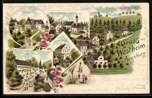 Lithographie Westheim /Augsburg, Gaststätte Tyrolerhaus, Villen-Colonie, Kurhaus Westhain