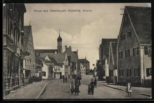 AK Oberhausen / Augsburg, Ortsansicht Kanalstrasse mit Kinder und Kirchturm