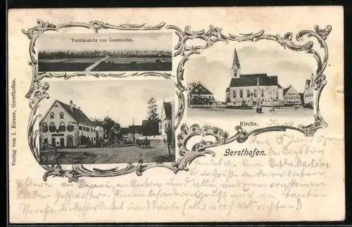 AK Gersthofen, Strassenpartie am Gasthof, Kirche