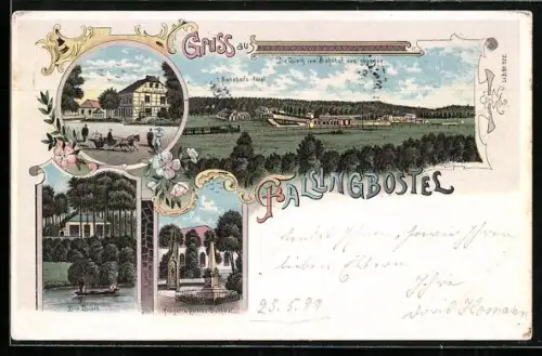Lithographie Fallingbostel, Bahnhofs Hotel, Die Lieth vom Bahnhof gesehen, Krieger- und Quintus Denkmal