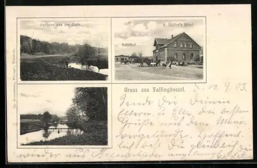 AK Fallingbostel, P. Müller`s Hotel, Bahnhof, Parthien aus der Lieth
