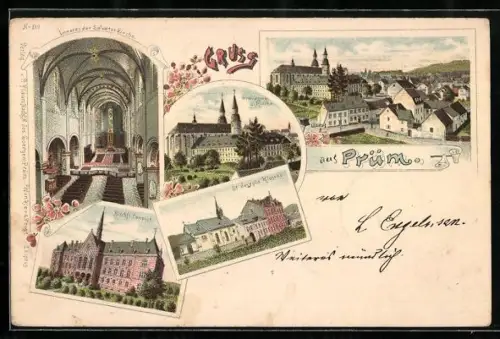 Lithographie Prüm, St. Joseph Kloster, Inneres der Salvatorkirche, Bischfl. Convict