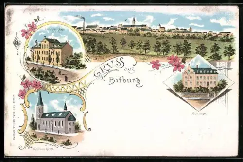 Lithographie Bitburg, Totalansicht, Landwirtschaftsschule, Hospital, Liebfrauen-Kirche
