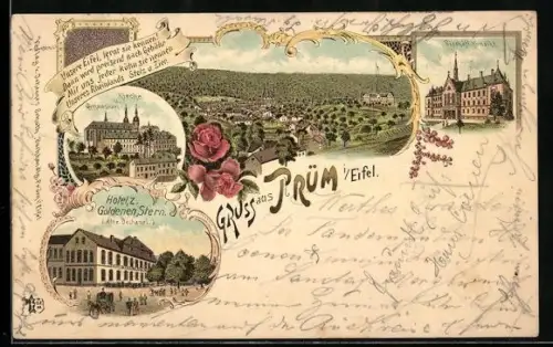 Lithographie Prüm i. Eifel, Hotel z. Goldenen Stern, Bischöfl. Konvikt, Kirche & Gymnasium, Ortsansicht