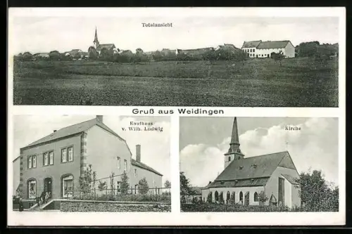 AK Weidingen, Blick zum Ort, Kaufhaus v. Wilhelm Ludwig