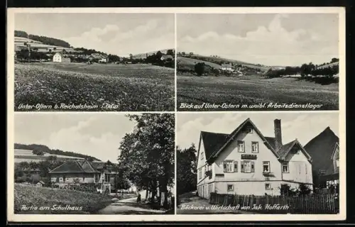AK Unter-Ostern, Bäckerei und Gasthof v. Jak. Hoffarth, Weibl. Arbeitsdienstlager, Partie am Schulhaus