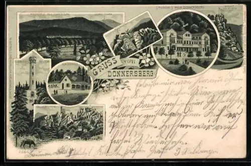 Lithographie Dannenfels am Donnersberg, Gasthaus Villa Donnersberg, Wacht am Rhein, Gasthof Waldhaus, Ludwigs-Thurm