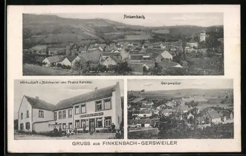 AK Finkenbach-Gersweiler, Totalansicht, Bäckerei von Franz Handel und Blick über die Dächer von Gersweiler