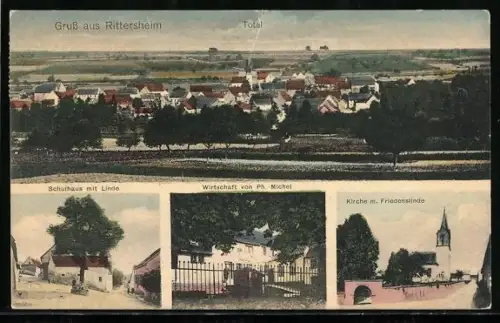 AK Rittersheim, Gasthaus Ph. Michel, Schulhaus mit Linde, Totalansicht