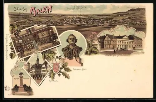 Lithographie Aalen, Hotel Wagner zur Harmonie, Inneres Betzler`s Weinstube zum Schützen, Rathaus