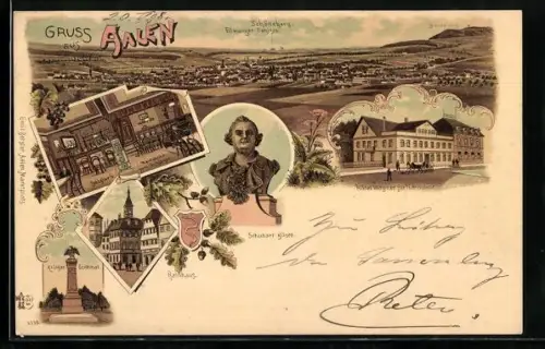 Lithographie Aalen, Hotel Wagner zur Harmonie, Inneres Betzler`s Weinstube zum Schützen, Rathaus