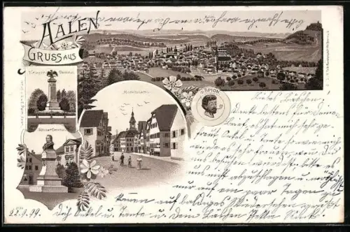 Lithographie Aalen, Marktplatz, Kriegerdenkmal, Schubert-Denkmal, Panorama