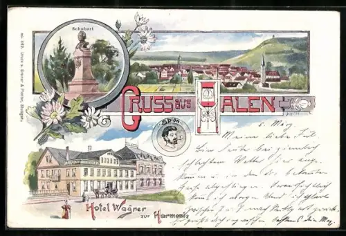 Lithographie Aalen, Hotel Wagner zur Harmonie, Schubart-Denkmal, Panorama