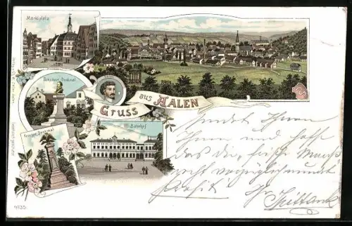 Lithographie Aalen, Ortsansicht, Marktplatz, Schubart-Denkmal, Bahnhof