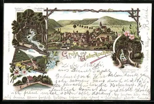 Lithographie Unterkochen, Glashütte, Läuterhäusle, Kocher-Ursprung mit Elisabethen-Steg