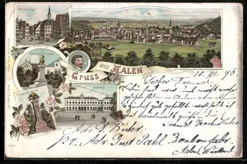 Lithographie Aalen, Bahnhof, Schubart-Denkmal, Marktplatz