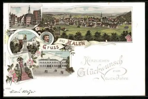 Lithographie Aalen, Bahnhof, Schubart-Denkmal, Marktplatz
