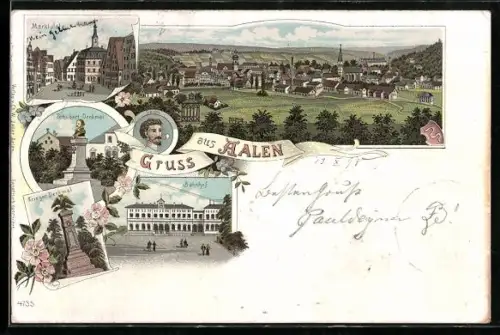 Lithographie Aalen, Ortsansicht, Marktplatz, Schubart-Denkmal, Bahnhof