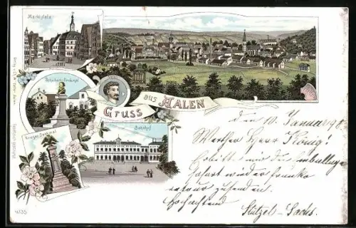Lithographie Aalen, Bahnhof, Schubart-Denkmal, Krieger-Denkmal