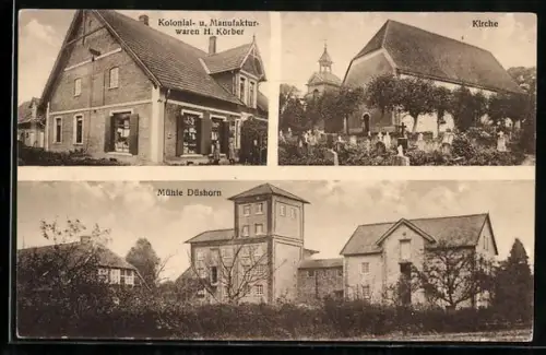 AK Düshorn i. Hannover, Kolonialwaren von H. Körber, Kirche, Mühle