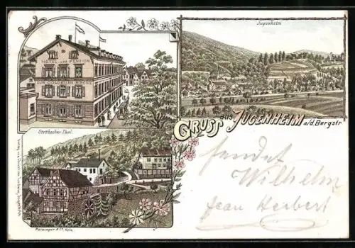 Lithographie Jugenheim a. d. Bergstr., Totalansicht, Hotel Zur Goldenen Krone und Strettbacher Thal
