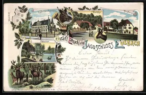 Lithographie Eulbach, Mit Jagdschloss, Weiher, Parkthor und Forsthaus