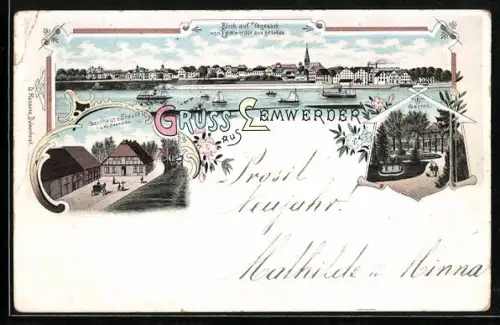 Lithographie Lemwerder, Blick auf Vegesack, Gasthaus z. Traube, Inh. W. Seemann